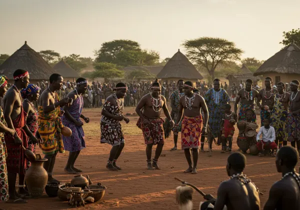 Traditional African cultural ceremony with dancers in vibrant costumes