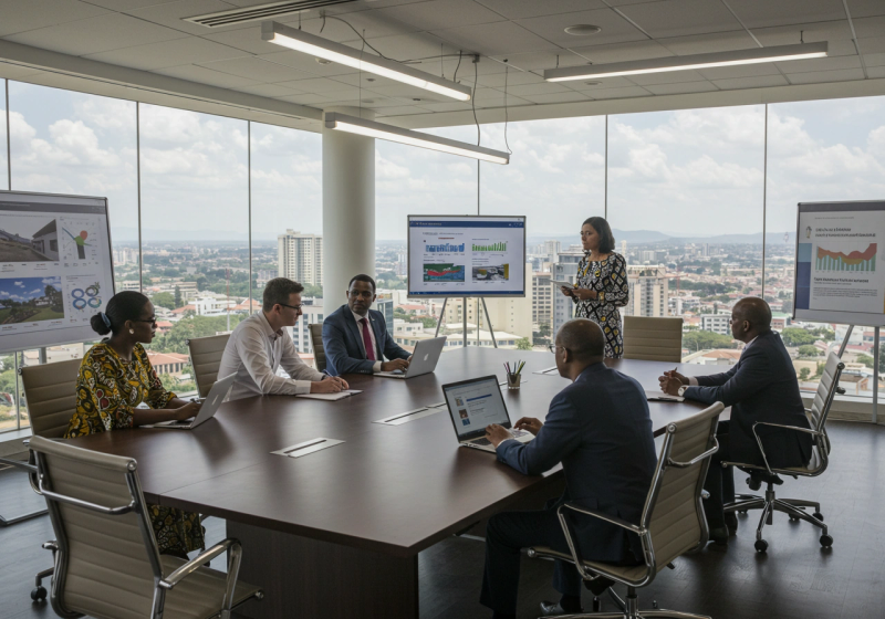 Business meeting in modern African office with diverse professionals