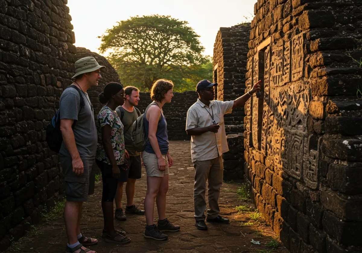 Tourists exploring African cultural heritage site with knowledgeable local guide