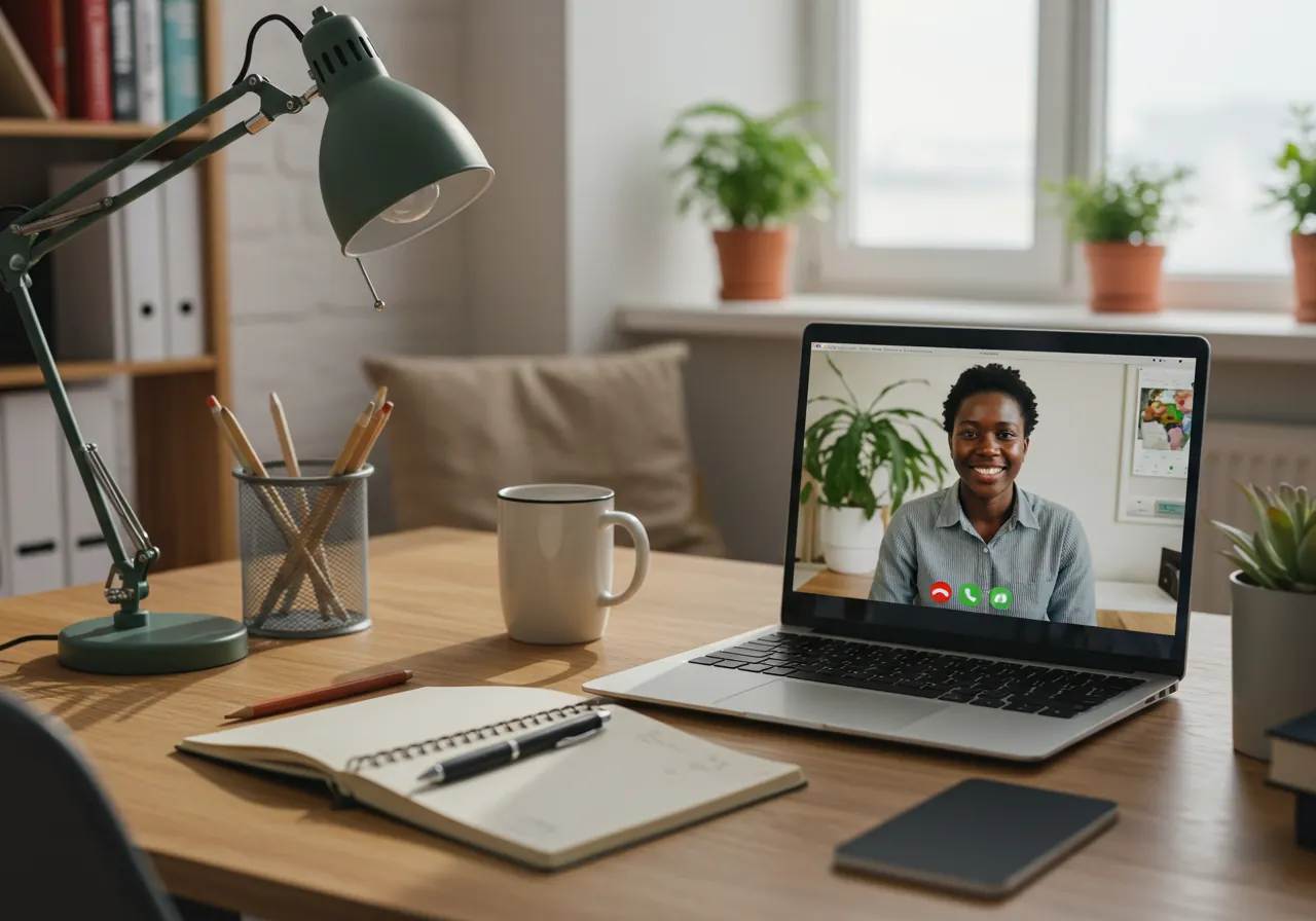 Video conference call setup showing professional consultation